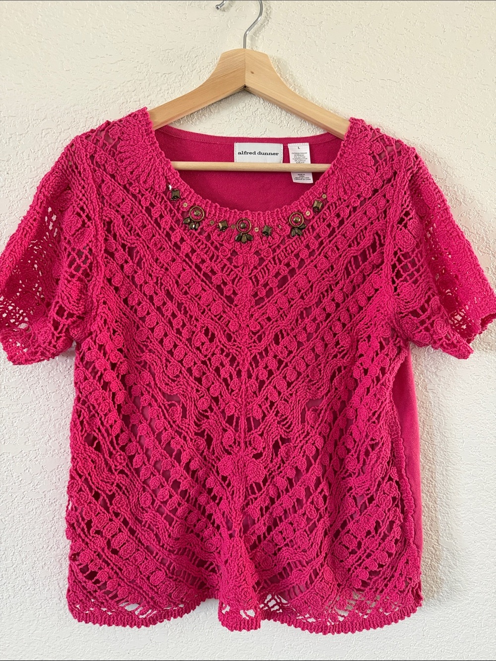 Alfred Dunner Fuchsia Crochet Short Sleeve Tunic with Embellished Neckline